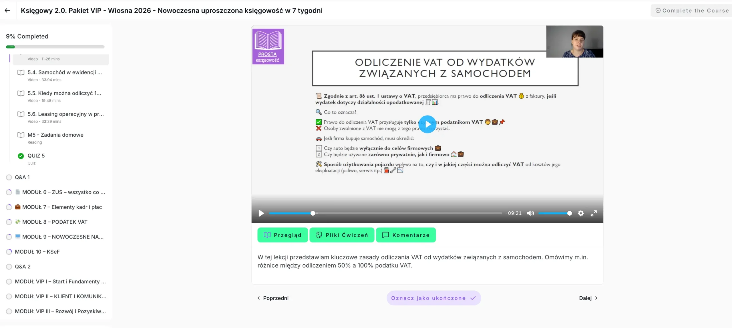 Platforma kursu Księgowy 2.0 — lista modułów, odtwarzacz lekcji wideo, pliki ćwiczeń i komentarze